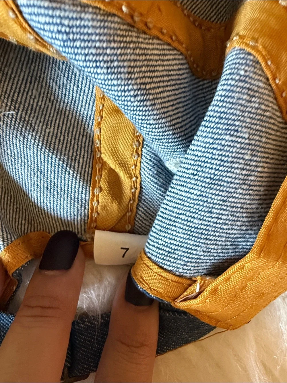 Striped Denim Hat with Mustard Trim - Size 7